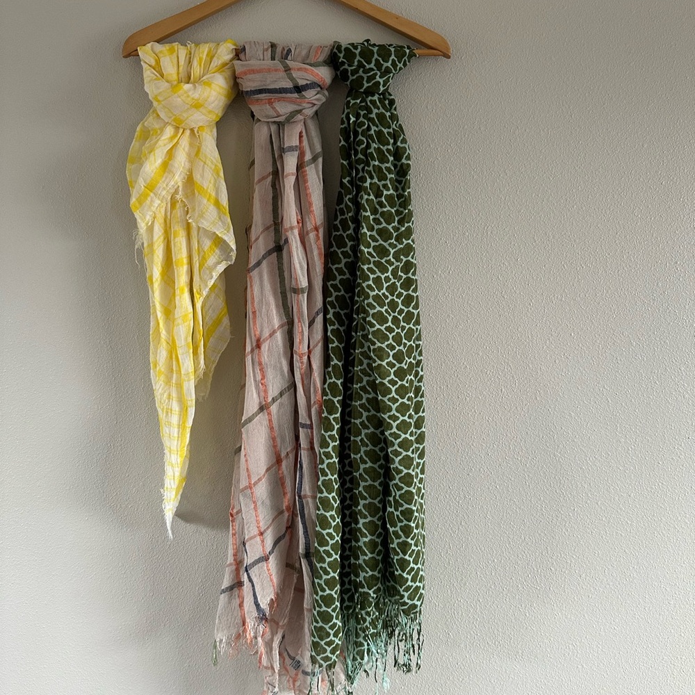 Set of Three Patterned Scarves - Yellow, Gray, and Green